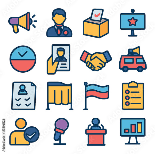 Political Campaigning modern flat .Megaphone, candidate icon, ballot box, campaign sign, vote button, flyer handout, handshake icon, campaign van, voter list, polling booth,