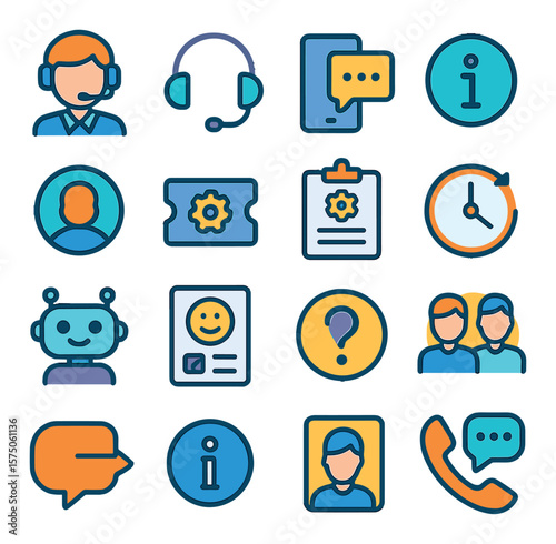 Customer Support modern flat .Support agent, headset icon, live chat, help center, contact badge, support ticket, service request, response clock, chatbot icon, feedback form,
