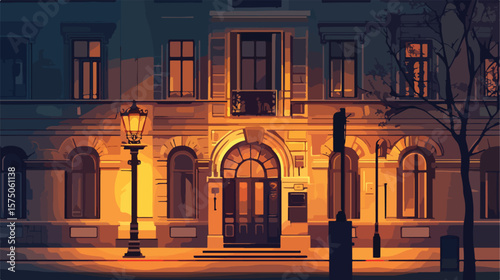 Vintage City Building Facade Illuminated at Night