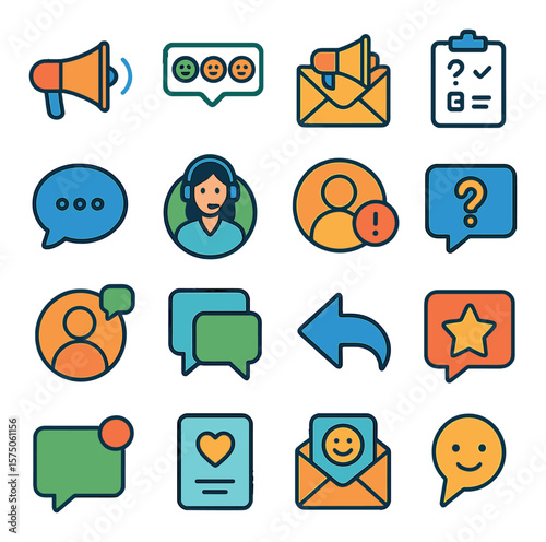 Customer Communication modern flat .Megaphone, feedback icon, email campaign, survey question, response bubble, chat with agent, user notice, helpdesk message, support alert,