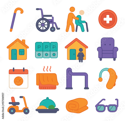 Elderly Care modern flat .Walking cane, wheelchair, caregiver figure, medical alert button, senior home, daily pill box, home visit icon, comfort chair, calendar reminder, warm