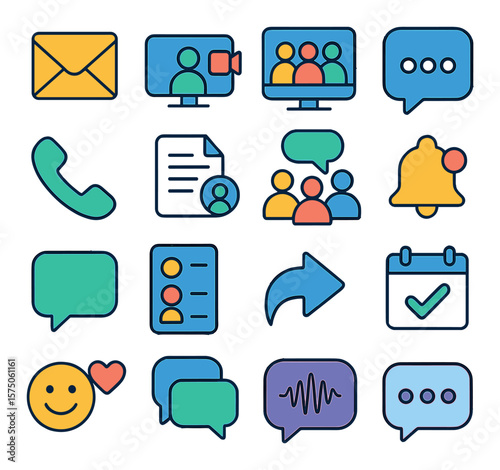Online Communication modern flat .Email inbox, video chat, online meeting, instant message, voice call, shared document, group discussion, notification bell, message bubble,