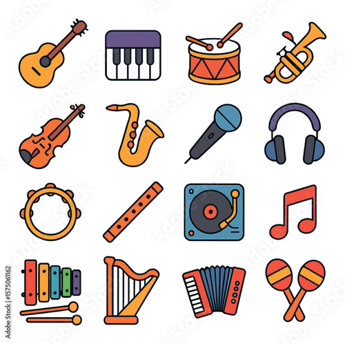 Musical Instruments modern flat .Guitar, piano, drum, trumpet, violin, saxophone, microphone, headphones, tambourine, flute, DJ turntable, music note, xylophone, harp, accordion,