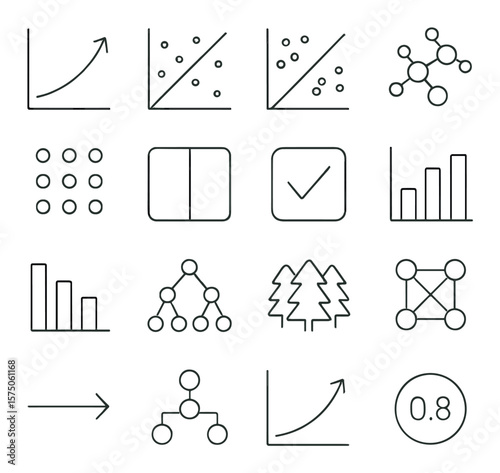 Predictive modeling line art icons. forecast curve, regression graph, classification boundary, cluster group, training data icon, test split, validation icon, model output, feature