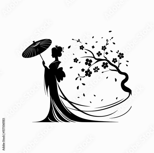 Minimalist Black Vector Logo of Japanese Geisha Holding Umbrella Under Falling Sakura Tree Isolated on White Background