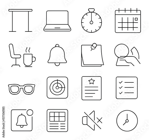 Work focus tools line art icons. standing desk, laptop, Pomodoro timer, calendar board, break icon, bell, post-it note, water bottle, blue light glasses, focus chart, daily goal