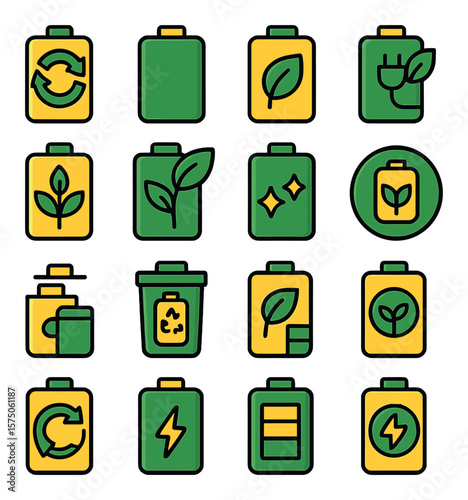 Eco-Friendly Battery Concepts modern flat .Recyclable battery, green battery, leaf on battery, eco charge icon, sustainable energy battery, biodegradable battery, clean energy