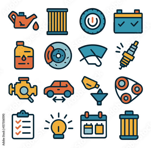 Basic Car Maintenance modern flat .Oil change, air filter, tire pressure, battery check, coolant level, brake pads, windshield wiper, spark plug, engine inspection, tire rotation,