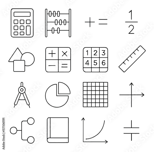 Mathematical learning line art icons. calculator, abacus, equation icon, fraction icon, geometry shapes, math symbols, number grid, ruler, compass, pie chart, graph paper, x-y axis