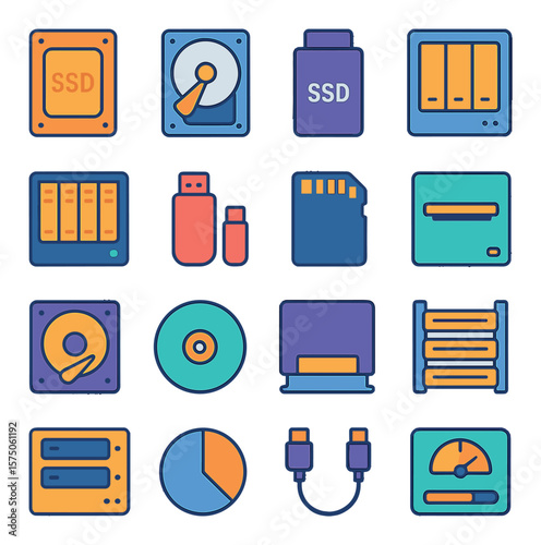 Data Storage Hardware modern flat .Solid state drive, hard disk drive, external SSD, NAS unit, RAID array, USB flash drive, memory card, card reader, tape drive, optical disc,