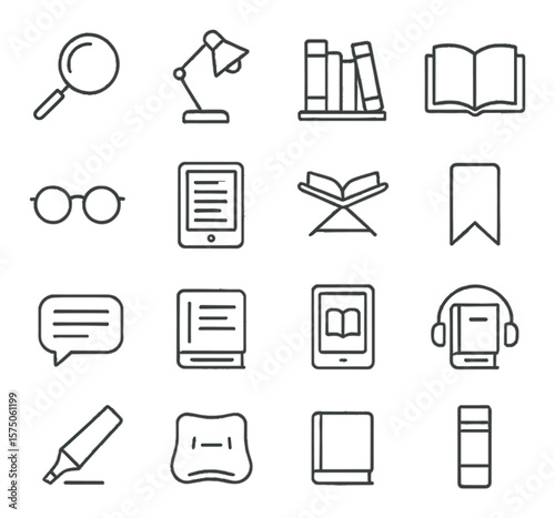 Reading tools line art icons. magnifier, reading lamp, bookshelf, open book, glasses, e-reader, book stand, page marker, annotation icon, reading log, digital book, audiobook,