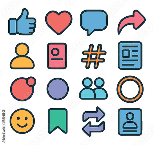 Social Media Interaction modern flat .Thumbs up, heart like, comment bubble, share arrow, user tag, post icon, trending hashtag, social feed, notification badge, live stream dot,