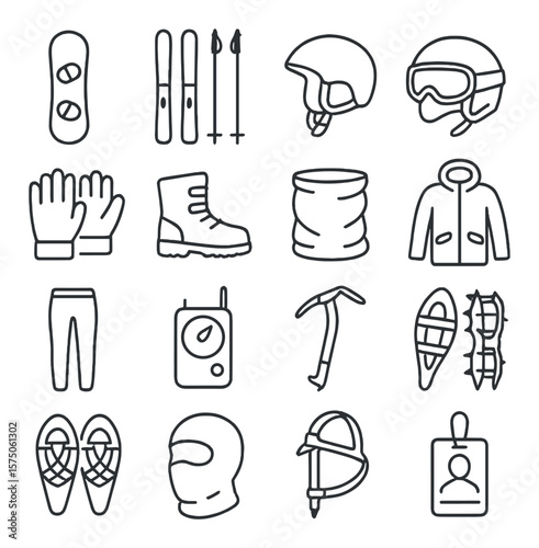 Winter sports gear line art icons. snowboard, skis, ski poles, helmet, goggles, gloves, snow boots, neck warmer, jacket, thermal pants, avalanche beacon, ice axe, crampons,