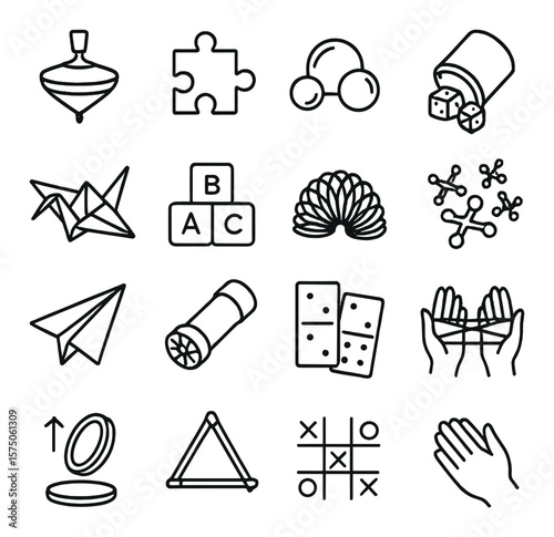 Analog games & pastimes line art icons. spinning top, jigsaw piece, marbles, dice cup, origami crane, toy blocks, slinky, jackstones, paper airplane, kaleidoscope, dominoes, string