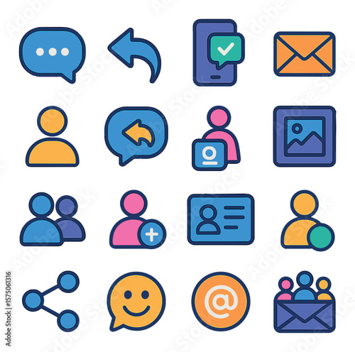 Social Media Contacts modern flat .Social message icon, reply bubble, contact via app, direct message, profile icon, comment reply, tagged user, post interaction, friend list,