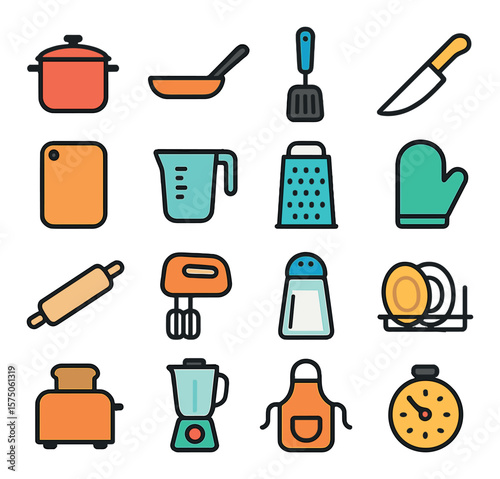 Kitchen Essentials modern flat .Cooking pot, frying pan, spatula, kitchen knife, cutting board, measuring cup, grater, oven mitt, rolling pin, hand mixer, salt shaker, dish rack,
