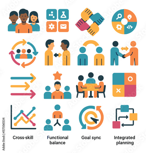 Cross-Functional Teams modern flat .Diverse team icon, departmental icons, interlinked hands, skill set wheel, team rotation, role alignment, communication bridge, shared