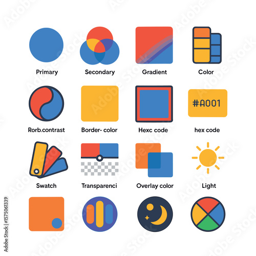 Color in Web Design modern flat .Primary color, secondary color, gradient icon, color palette, color contrast icon, background color, border color, hex code icon, swatch icon,