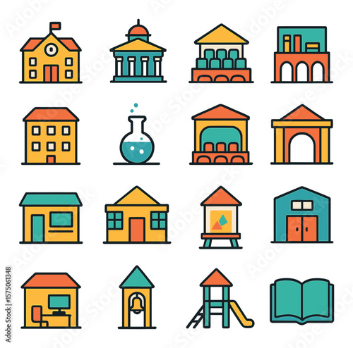 Educational Buildings modern flat .School building, university campus, lecture hall, library, dormitory icon, science lab, auditorium, school gate, classroom wing, student center,