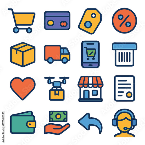 Online Shopping modern flat .Shopping cart, payment card, price tag, discount icon, order box, shipping truck, mobile checkout, barcode scanner, wishlist heart, delivery drone,