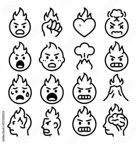 Fire-related emotions line art icons. anger face, rage icon, heart on fire, frustration symbol, yelling mouth, steaming head, hot blush, explosive bubble, stressed eyes, boiling