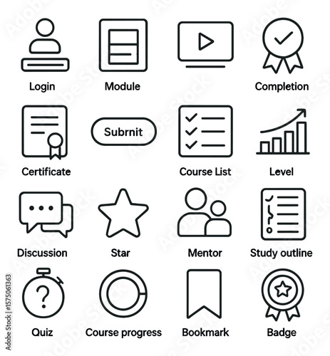 Online course line art icons. login screen, module icon, lesson video, completion badge, certificate icon, submit button, course list, level indicator, discussion board, rating