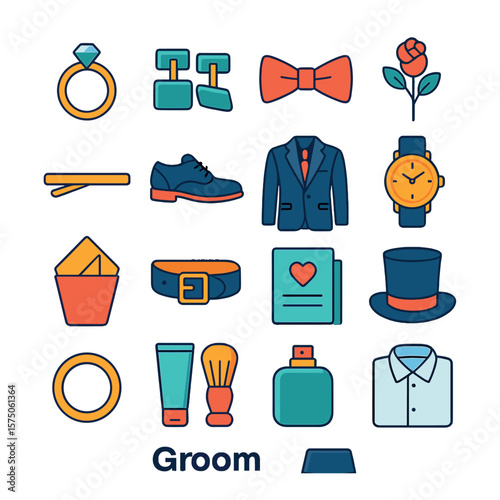 Groom Essentials modern flat .Wedding ring, cufflinks, bow tie, boutonniere, tie clip, dress shoes, suit jacket, wristwatch, pocket square, belt, wedding vows card, groom hat,