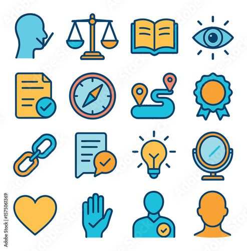 Symbols of Integrity modern flat .Truth icon, honest scale, open book, clear eye, transparency file, moral compass, ethical path, badge of honor, loyalty chain, code of conduct,