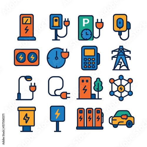Charging Infrastructure modern flat .Public charging post, roadside charger, parking station with plug, wall-mounted charger, dual charger ports, charge time icon, payment terminal
