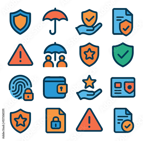 Insurance Symbols modern flat .Shield icon, umbrella protection, hand holding shield, secure document, risk icon, covered icon, protection badge, checkmark in shield, fingerprint