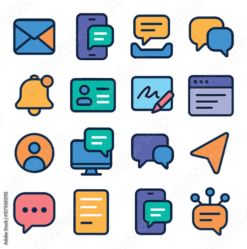 Digital Communication modern flat .Email app, mobile chat, social inbox, message thread, notification bell, online contact card, digital signature, browser form, contact icon,