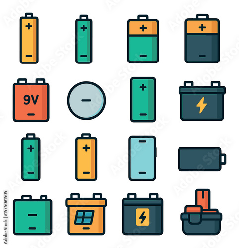 Battery Types modern flat .AA battery, AAA battery, C battery, D battery, 9V battery, coin cell battery, lithium-ion battery, lead-acid battery, NiMH battery, alkaline battery,