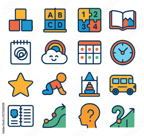 Child Development modern flat .Building blocks, letter chart, number puzzle, storybook, drawing pad, imagination cloud, behavior chart, playtime clock, reward star, developmental