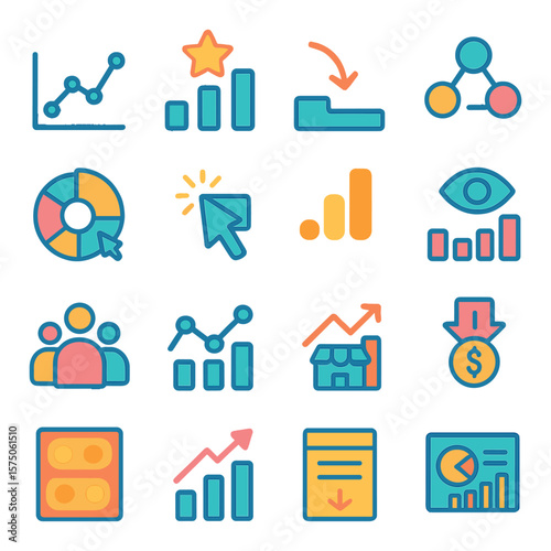 SEO Analytics modern flat .SEO graph, ranking chart, bounce rate, user flow icon, traffic source pie, click-through rate, Google Analytics icon, impressions graph, session icon,