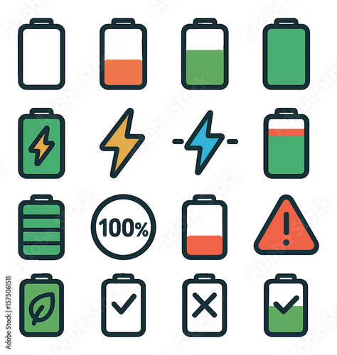 Battery Charge Levels modern flat .Empty battery, low battery, medium battery, full battery, charging battery, battery with bolt, fast charge icon, slow charge icon, blinking