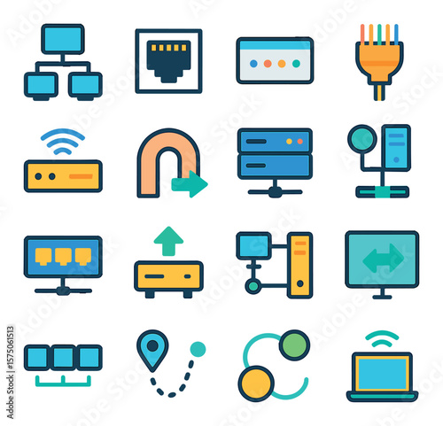 Server Connectivity modern flat .LAN connection, server port, IP address, network cable, MAC address, gateway icon, DHCP server, DNS resolver, network switch, uplink icon,