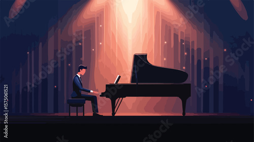 Professional Pianist Performing Melody on Stage Vector Illustration
