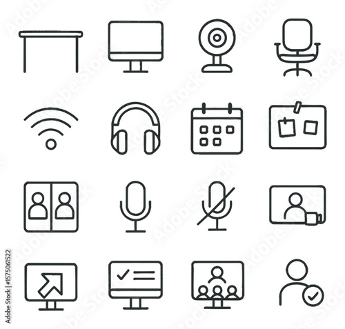 Remote Learning Setup line art icons. desk, monitor, webcam, microphone, task chair, WiFi icon, headphone set, digital calendar, note board, breakout rooms, mute button, join