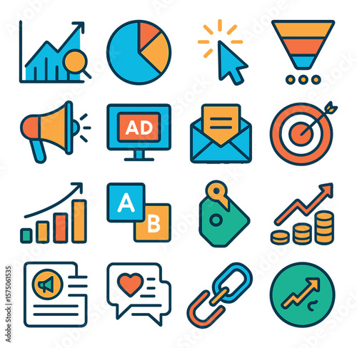 Digital Marketing modern flat .SEO graph, pie chart, click cursor, marketing funnel, content megaphone, ad placement icon, newsletter icon, target board, analytics bars, A/B