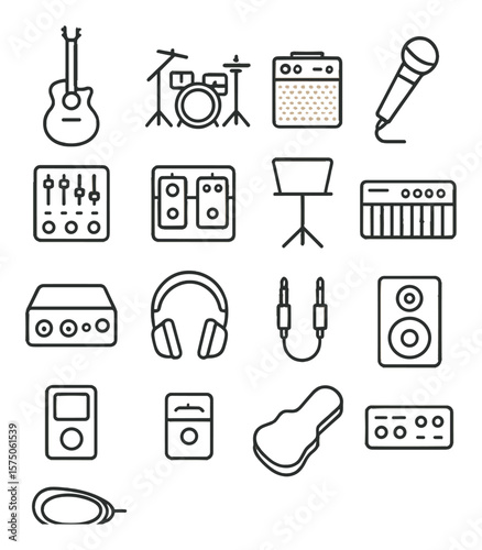 Musical equipment line art icons. guitar, drum set, amplifier, microphone, mixer, pedalboard, music stand, keyboard, audio interface, headphones, cables, speaker, studio monitor,