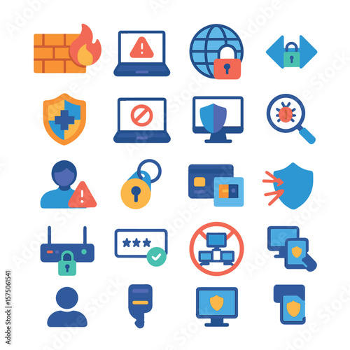 Network Security modern flat .Firewall wall, intrusion detection icon, network lockdown, encrypted tunnel, security patch, zero trust icon, endpoint protection, malware scan,