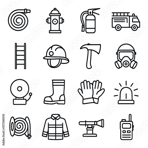 Firefighting tools line art icons. fire hose, hydrant, extinguisher, fire truck, rescue ladder, helmet, axe, breathing mask, emergency bell, fire boot, protective gloves, siren,