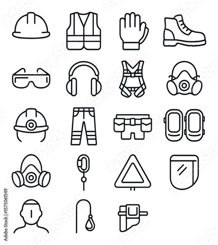 Construction safety gear line art icons. hard hat, safety vest, gloves, steel-toe boots, safety goggles, ear protection, harness, dust mask, helmet lamp, high-visibility pants,