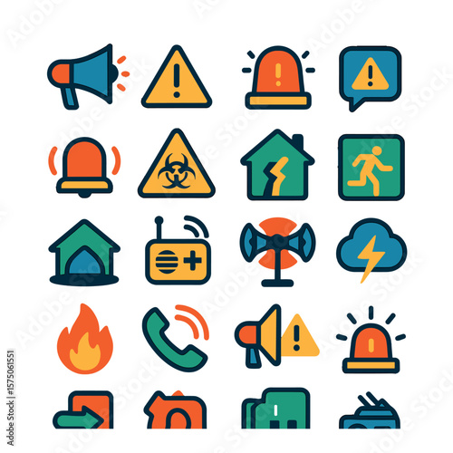 Emergency Notifications modern flat .Megaphone, warning triangle, siren icon, alert message, emergency bell, hazard icon, disaster icon, evacuation sign, shelter icon, rescue radio