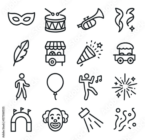 Carnival and parade line art icons. mask icon, drum beat, trumpet horn, streamer ribbon, costume feather, candy stand, confetti cannon, parade float, stilt walker, carnival balloon