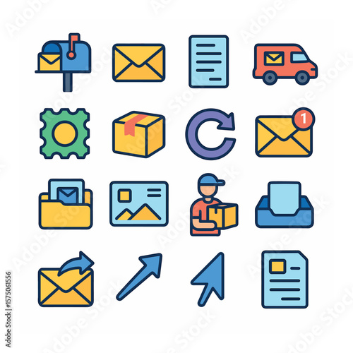 Mail & Delivery modern flat .Mailbox icon, mail envelope, paper letter, delivery van, post stamp, parcel box, return address, sealed envelope, mail notification, mail folder, post