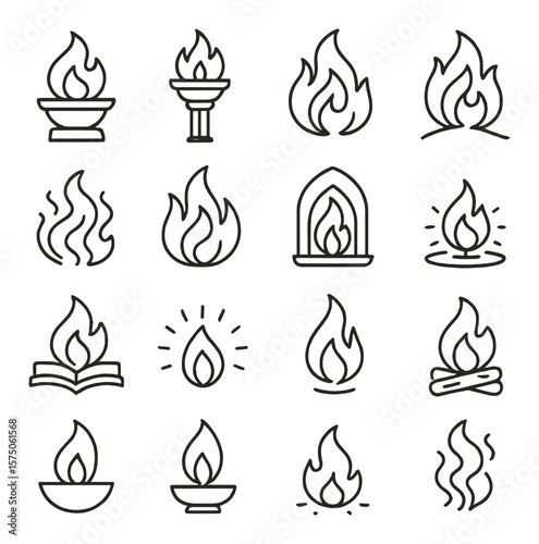 Fire symbolism in culture line art icons. eternal flame, sacred torch, spirit fire, rebirth flame, purification smoke, light of truth, guardian fire, temple candle, ceremonial