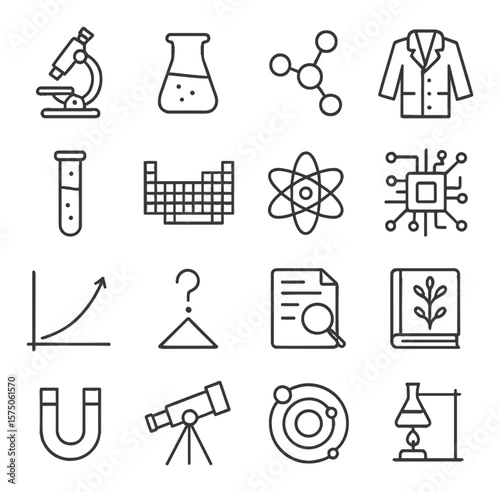Science learning line art icons. microscope, beaker, molecule, lab coat, test tube, periodic table, atom symbol, circuit board, graph chart, hypothesis icon, research document,