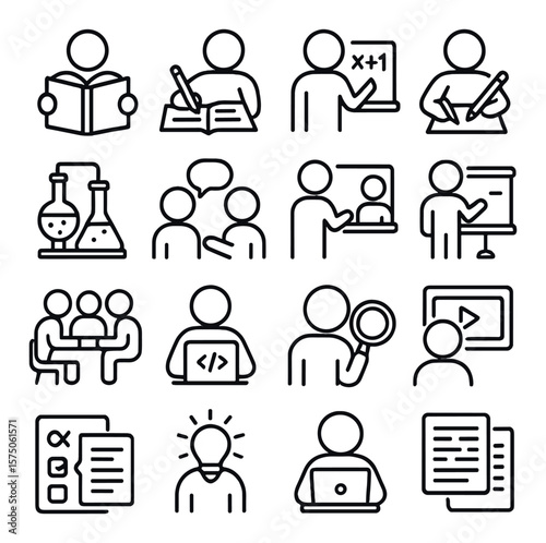 Learning activities line art icons. reading book, writing notes, solving math, drawing, science experiment, discussing, listening to lecture, presenting, group project, coding,
