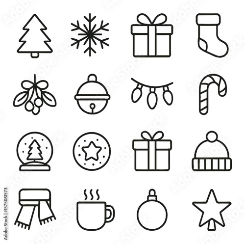 Holiday season line art icons. Christmas tree, snowflake, gift box, stocking, mistletoe, sleigh bell, festive lights, candy cane, snow globe, holiday cookie, wrapped present,